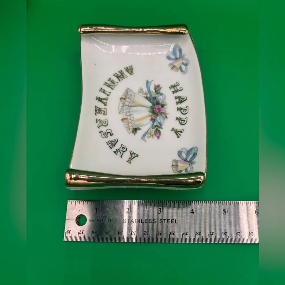 Vintage Lefton Happy Anniversary Trinket Dish 8x6 Japan Stamped #5510 w/Sticker